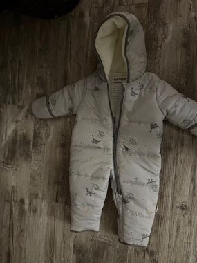 Carter's Gray Hooded Puffer One-Piece with Dino Print